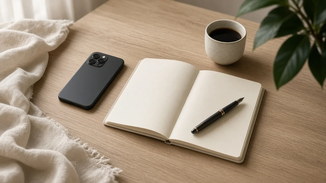 A cream oak desk with a face-down phone, an open blank notebook, a fountain pen, and a cup of coffee in soft daylight.