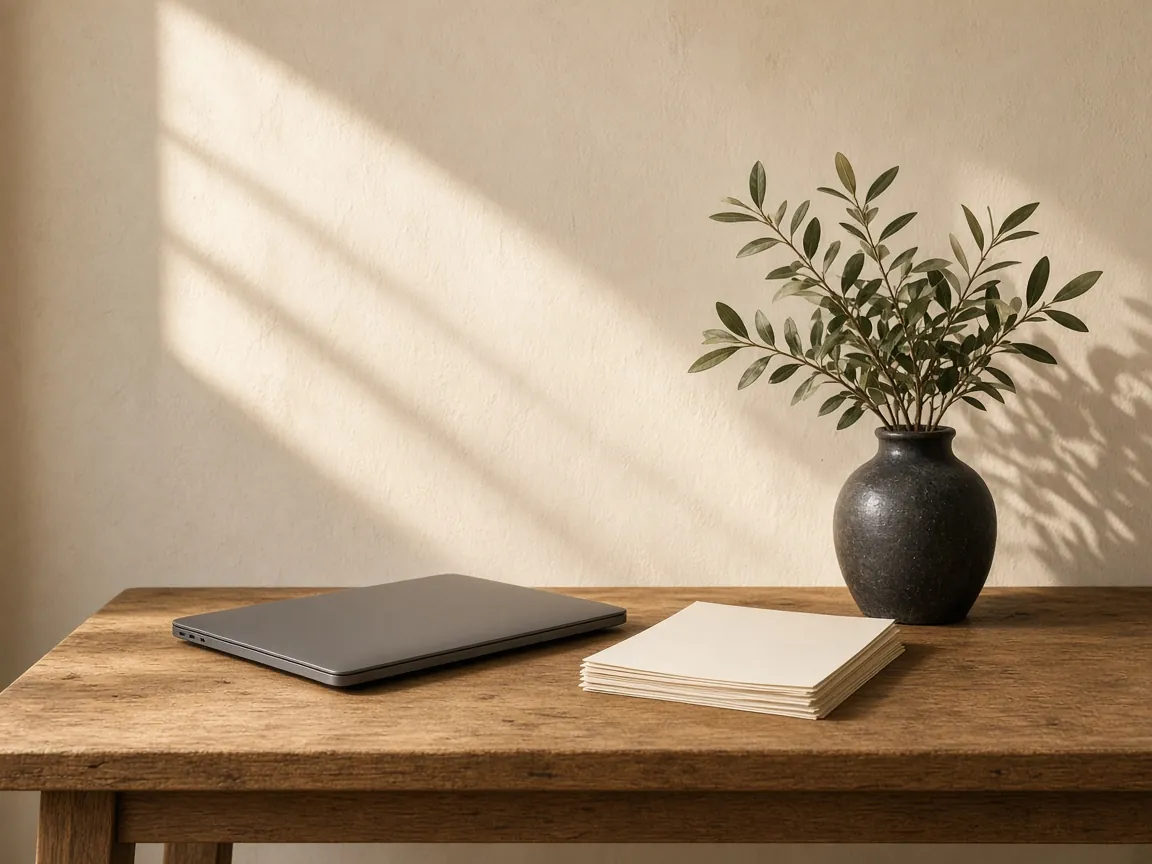 A quiet studio desk with a closed laptop, a stack of blank cream paper, and a green branch in a dark vase.